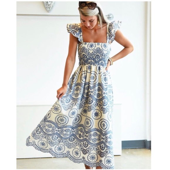 Blue and white maxi smocked dress - Picture 1 of 6